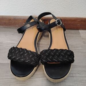 Time & True Memory Foam Black Braided Wedge Sandals